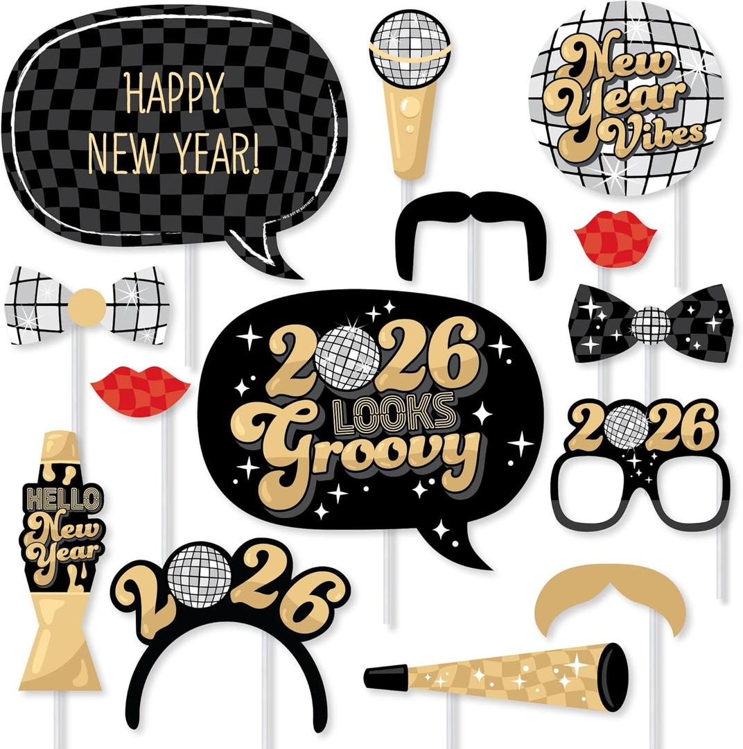 Big Dot of Happiness Disco Ball 2026 New Year Photo Booth Props, NYE Party Photo Props Kit, 2026 New Years Glasses, New Year's Eve Party Supplies, 20 Count