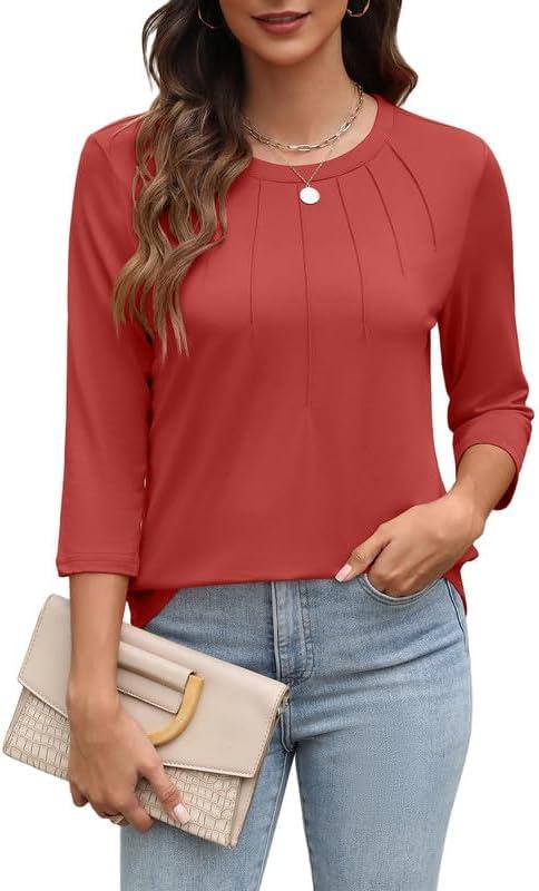 Womens Tops 3/4 Length Sleeve Round Neck Casual Loose Fit Tunic Tops Basic Pleated Shirts 2025 (Red, XL)