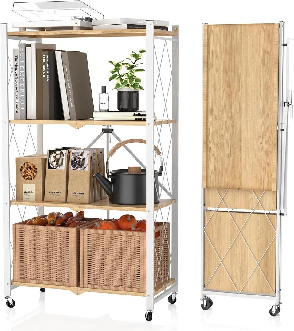 4 Tier Foldable Storage Shelf with Wheels,Folding Shelving Loads 400 LBS,No Assembly Bookshelf,Metal Shelving Units Storage for Garage,Living Room,Kitchen,Pantry, Office(27.9 x 13.3 x 49 in,White)
