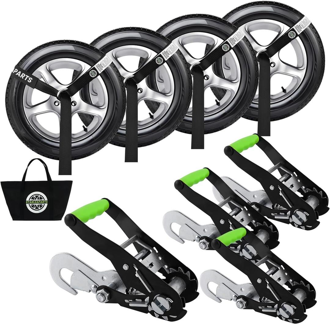 Car Tie Downs Straps with Snap Hooks for Trailers(4pk) - Reflective 2" x10ft Car Hauler Straps - Heavy Duty Tire Straps - Lasso Style -10,000lb Break Strength Car Straps for Trailer, UTVs, ATVs (Black)