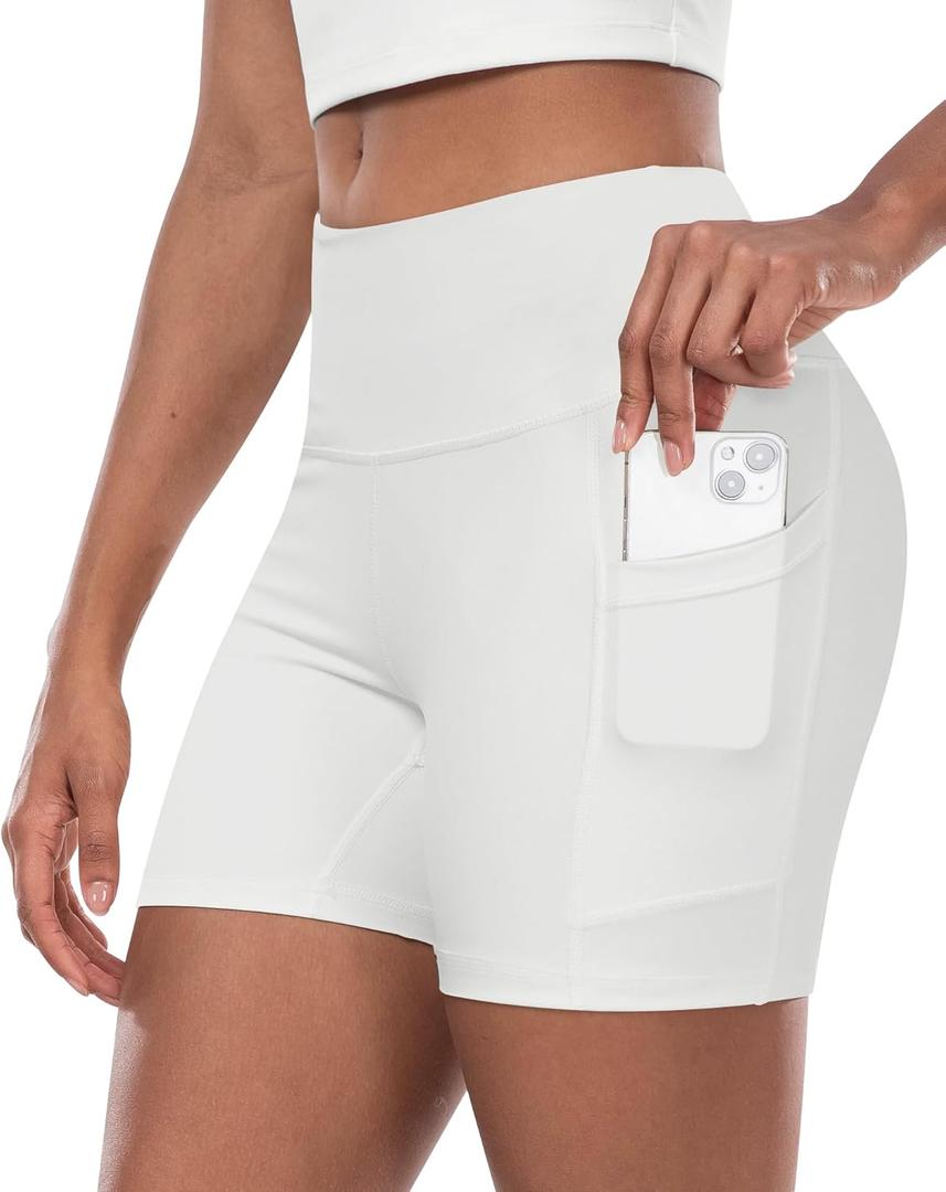 CHRLEISURE Womens Biker Yoga Shorts with Pocket, High Waisted Tummy Control 5 Inch Workout Spandex Athletic Gym Shorts(White, L)