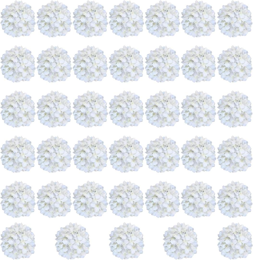 White Hydrangea Artificial Flowers Bulk, 40 Pcs Faux Hydrangea Flowers Heads, Artificial Fake Silk Hydrangea Flowers with Stems, White Flowers Artificial for Decoration Wedding Dcor