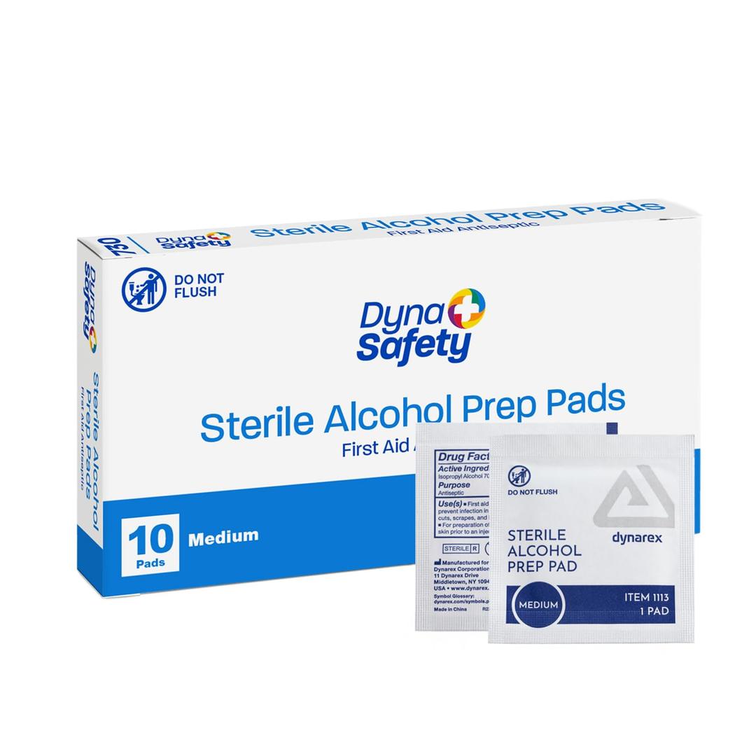 5 x Dynarex DynaSafety Sterile Alcohol Prep Pads - Medium - 70% Isopropyl Alcohol, Individually Wrapped, Soft Cleaning Wipes - Box of 10