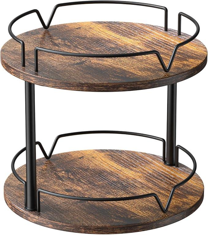 KLM 12" Wood Lazy Susan, Rotating Spice Rack, 2 Tier Spice Turntable Organizer, Industrial Turntable Spice Holder, for Kitchen Countertop and Cabinet, Compact and Versatile, Rustic Brown