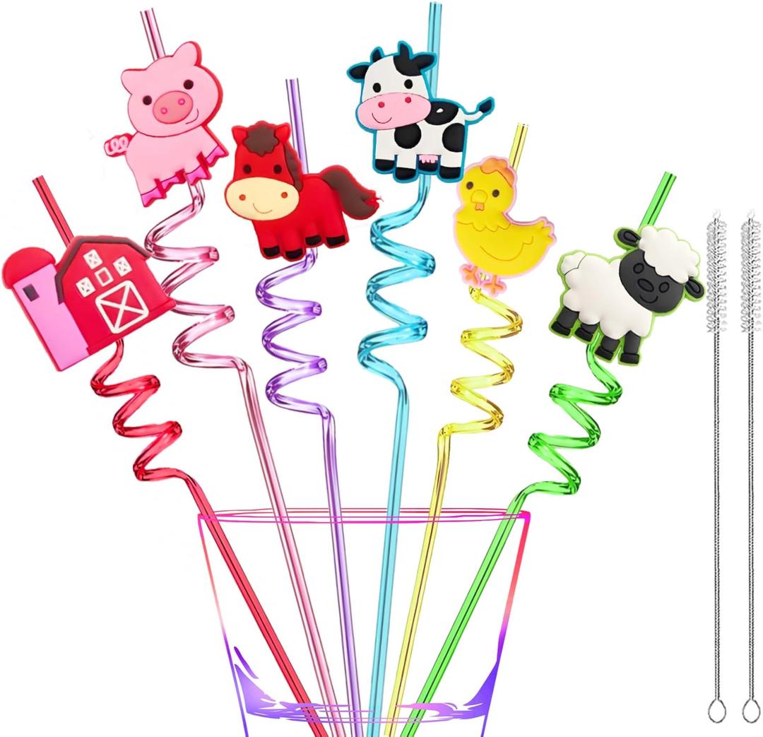 24Pcs Reusable Farm Animal Party Favors Plastic Straws-Farm Birthday Themed Party Decorations-Horse Cow Duck Sheep Pig Tractor Barnyard Farm Birthday Party Supplies-Gift Favors with 2 Cleaning Brushes