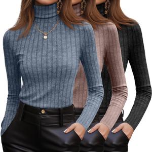 3 Pack Women's Turtleneck Sweaters, Ribbed Long Sleeve Fitted Pullover Sweater Knit Lightweight Fall Tunic Top 2025 (Light Blue, Mocha, Black)