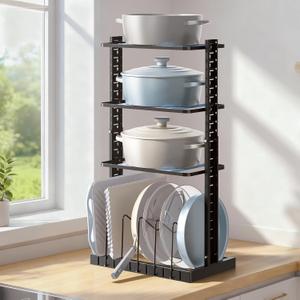 LAMU Pots and Pans Organizer for under Cabinet, Heavy-Duty Pot Pan Organizers inside Cabinet for Cast Iron Pan, 25.2" Adjustable Height for Pot Lid Holder Accommodates 9 Cookware, Black