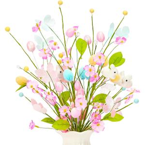 4 Pcs Artificial Easter Stems Decorations, Colorful Egg Branches with Glitter Butterflies Decor, Spring Flowers and Bunny for Vase Arrangement Centerpiece Decor