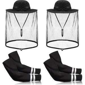 Ramede 4 Pcs Mosquito Net Hat & Arm Sleeve Safari Head Mesh Hat Sun Protection Arm Cover for Fishing Gardening Outdoor(Black) (Black)