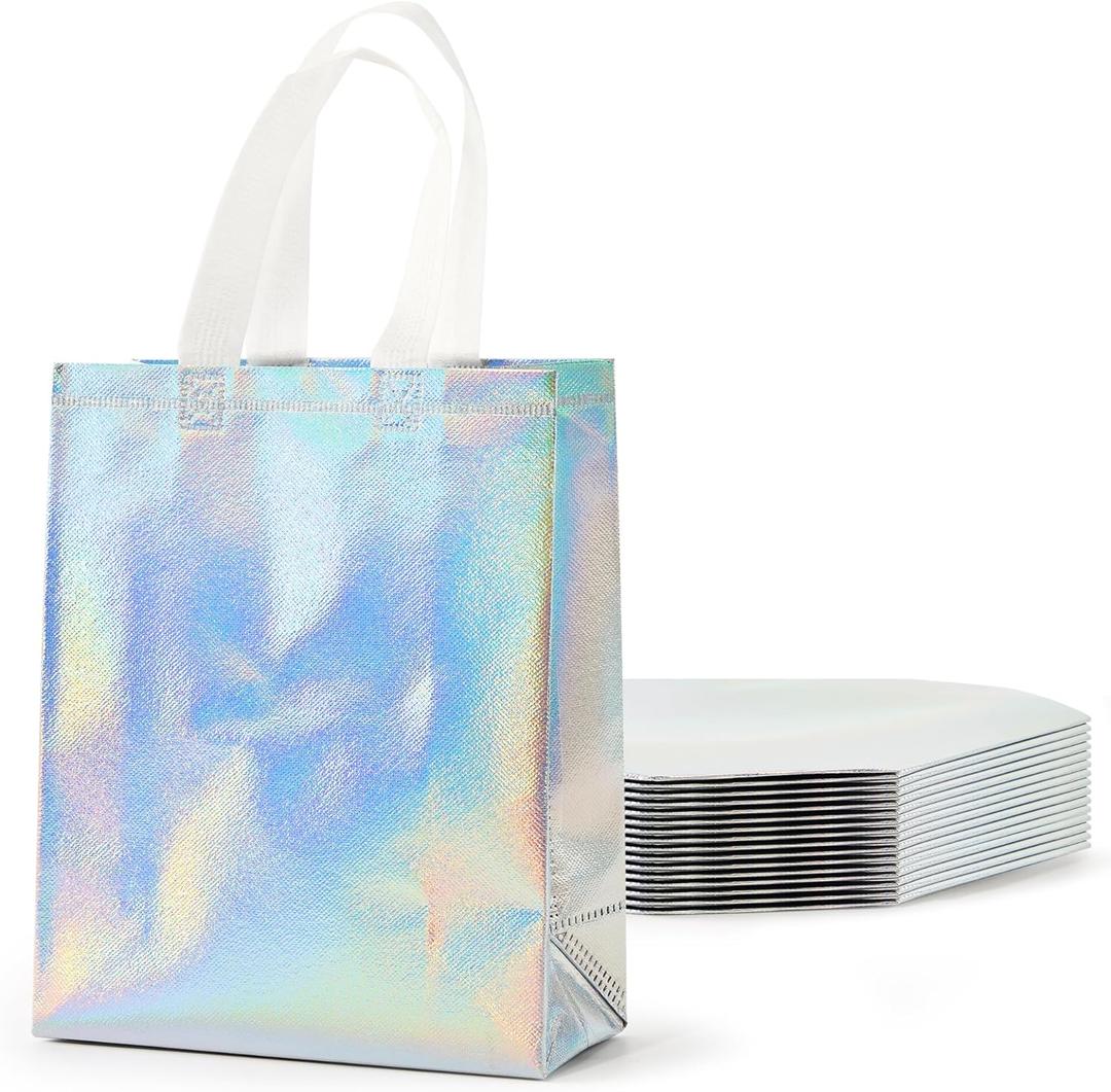 PACKINNO 15 Pcs Iridescent Gift Bags with Handles, 8x4x10 Inch Holographic Reusable Gift Bags Medium Size, Ideal for Birthday, Christmas, Party Favors, Wedding, Holidays, Valentines (Silvery)
