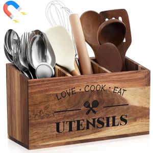 Acacia Wood Magnetic Utensil Holder Large Kitchen Silverware Holder with 3 Compartments for Fridge Counter Wooden Kitchen Countertop Organizer for Cooking Tools and Cutlery, Farmhouse Style