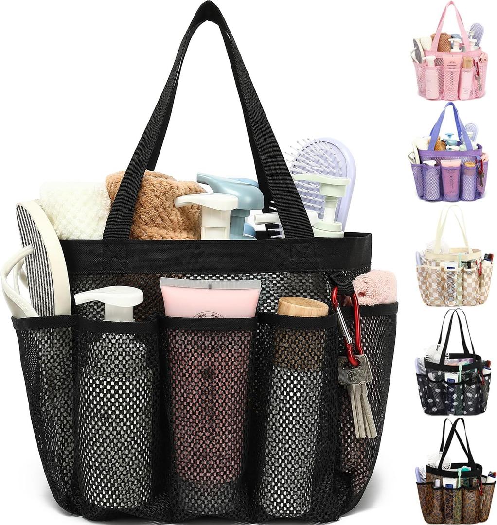 Fammart Mesh Shower Caddy Portable for College Dorm Room Essentials, 8-Pocket Large Shower Basket Tote Bag with 2 Handles for Toiletry, Bathroom, Beach, Camp, Gym (Multiple Pockets - Black)