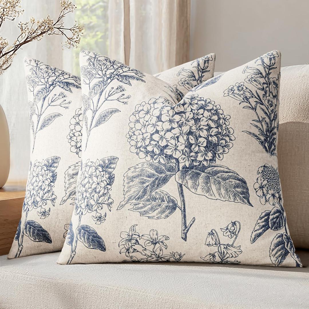 Set of 2 Decorative Floral Neutral Pillow Covers 18x18 Inch Light Blue Hydrangea Print Spring Boho Vintage Throw Cushion Covers for Sofa Couch Porch Bedroom Living Room Summer Home Decor