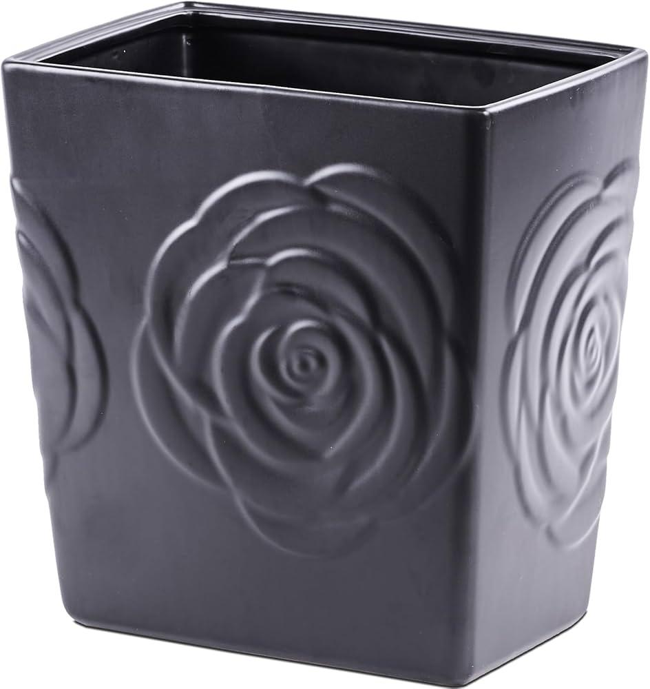 Black Ceramic Trash Can – 2.5 Gallon Small Bathroom & Kitchen Garbage Bin, Decorative Waste Basket for Bedroom, Office, Hotel – Elegant Floral Design, Heavy Duty (9 Liter)