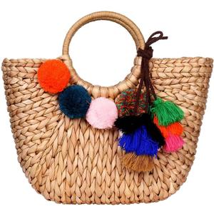 Summer Rattan Bag for Women Straw Hand-woven Top-handle Handbag Beach Sea Straw Rattan Tote Clutch Bags (Khaki Pink With Pendant)