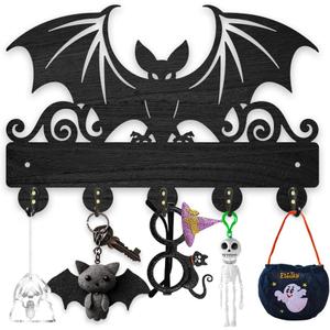 MAYJOYDIY Wood Bat Wall Key Hook Halloween Animal Theme Key Holder 11.8x7.9in Wall Art Decor Black Key Rack Organizer 5 Alloy Hooks for Gift, Hallway, Home Decor, Bag, Towel Hanging