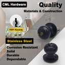 CML Hardware Entry Door Knob with Lock and Key, Keyed Different, Exterior Door Lock Sets for Front/Back Door, Round Ball Handle, Matte Black, 2 Pack