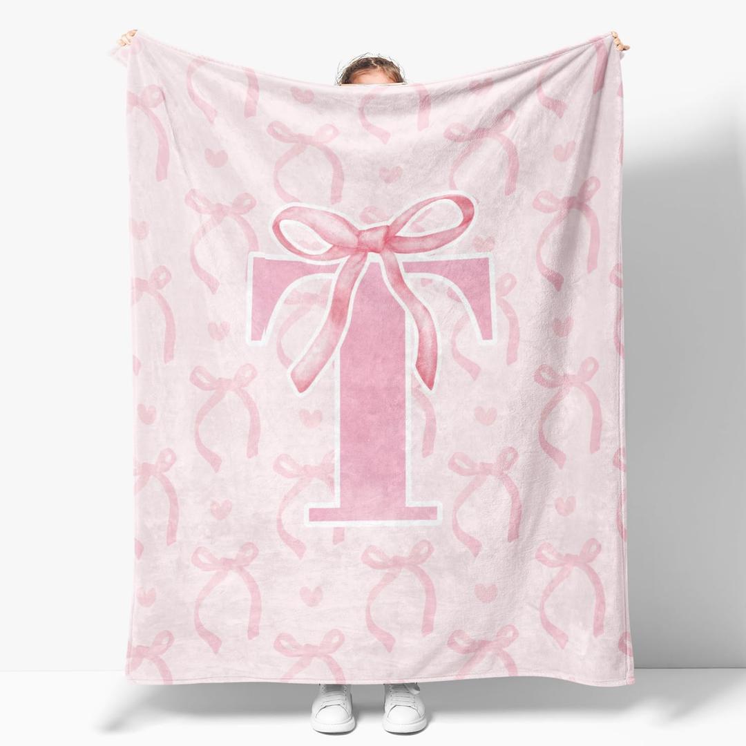 Coquette Pink Bow Throw Blanket,Personalized Initial T Soft Fluffy Cozy Flannel Blanket,Monogrammed Gifts for Daughter Women Teen Girls,Customized Blanket for Bedding Bedroom Office,50x60 Inches