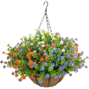 NETAP Artificial Hanging Flowers Basket for Outdoor, 16 Fake Flowers Look Real UV Resistant, Faux Hanging Plants for Porch, Balcony, Patio, Garden, Spring Summer Decor,MixA