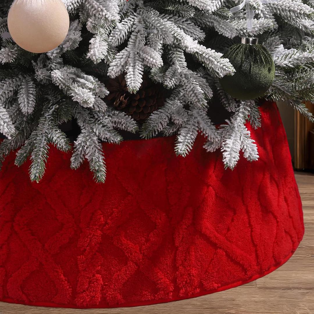 28 Inch Christmas Tree Collar Red Plush Faux Fur with Crossed Diamond Pattern, Soft Boho Xmas Tree Ring Tree Skirt for Christmas Artificial Trees Holiday Party Home Decor