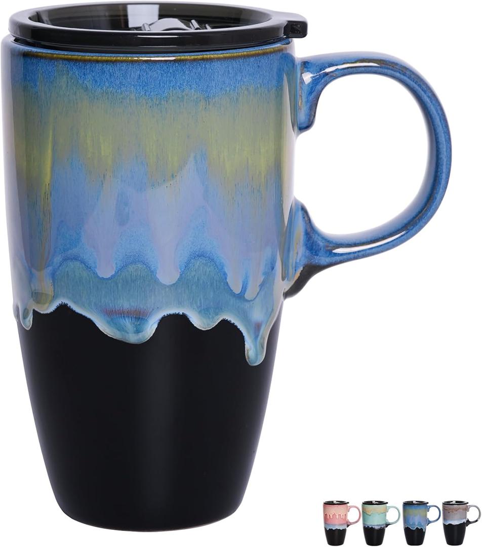 Bosmarlin Ceramic Travel Coffeel Mug with Handle and Lid, 18 oz, Portable Coffee Cup for Car Cup Holder, Microwave and Dishwasher Safe, Reactive Glaze (Blue)