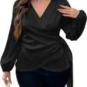 Floerns Women's Plus Size Satin Asymmetrical Wrap Tops Ruched V Neck Long Sleeve Blouses (XX-Large Plus, Black)