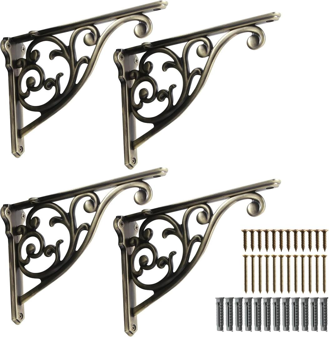Khtumeware Ornate Decorative Shelf Brackets, 5-inch Small Wall Mounted Shelving Bracket, 4 Pack Antique Bronze Vintage Metal Shelf Bracket Victorian Wall Bracket (4, Brushed Antique Brass)