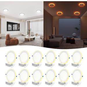 12 Pack 8 Inch 5CCT LED Recessed Ceiling Light with Night Light, Dimmable Canless Wafer Downlight, 2700K/3000K/3500K/4000K/5000K Selectable, Ultra-Thin, 15W, ETL, White