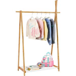 Jotsport Bamboo Kids Dress Up Rack Foldable Kids Clothing Rack with Farbic Storage Small Open Wardorbe Closet for Play Room, Nursery, Baby Shower