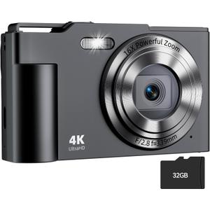 Digital Camera, FHD 4K Digital Point and Shoot Camera with 16X Zoom Anti Shake, 48MP Compact Small Camera with 32GB Card for Boys Girls Kids