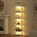 Tajsoon 5 Tier Ladder Shelf with Light, Wooden Wall Mounted Book Shelf, Wall Mounted Ladder Bookshelf with Metal Frame, Industrial Ladder Bookshelf for Office, Living Room, Bedroom, Gold & White