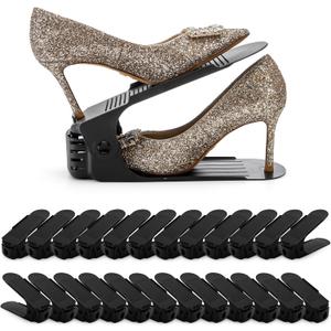 24 Pack Shoe Slots Organizer, Adjustable 4 Levels Shoe Stackers, Double Deck Shoe Storage Holder, 50% Space Savers Rack, Thickening Plastic Shoes Riser for Closet Entryway Organization, Black