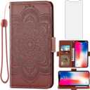 Asuwish Compatible with iPhone Xs X 10 10s Wallet Case and Tempered Glass Screen Protector Flip Card Holder Slot Cell Phone Cover for iPhoneX iPhoneXs iPhone10 i PhoneX SX 10x 10xs Xs Women Men Brown