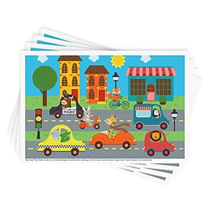 Babebay Disposable Stick-on Placemats 40 Pack for Baby & Kids & Toddler, Sticky Placemats Restaurant Table Mats 12" x 18" (Animals Driving Cars)