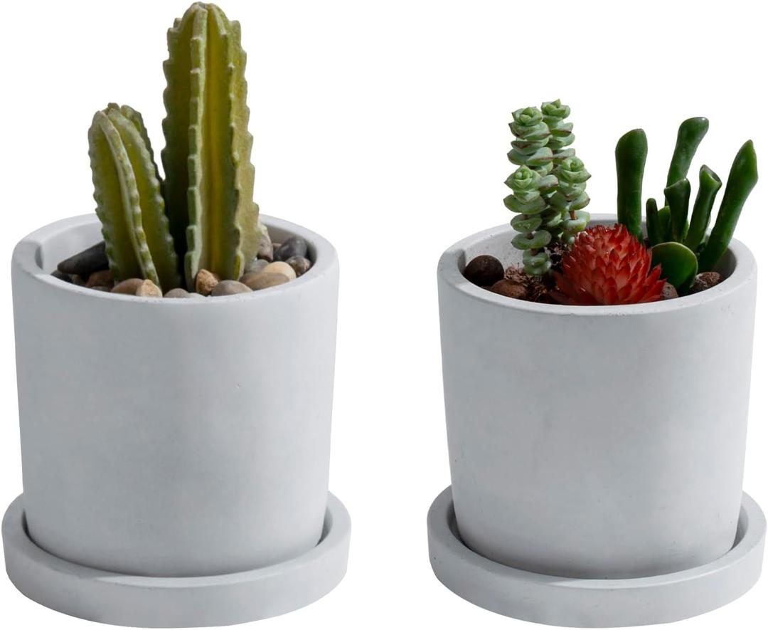 MyGift Set of 2 Mini 4-Inch Gray Cement Succulent Planters  Modern Unglazed Concrete Plant Pots with Removable Saucers