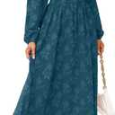 Simplee Womens Boho Floral Long Sleeve Maxi Dress V Neck Empire Waist Fall Wedding Guest Dresses with Pockets (L)