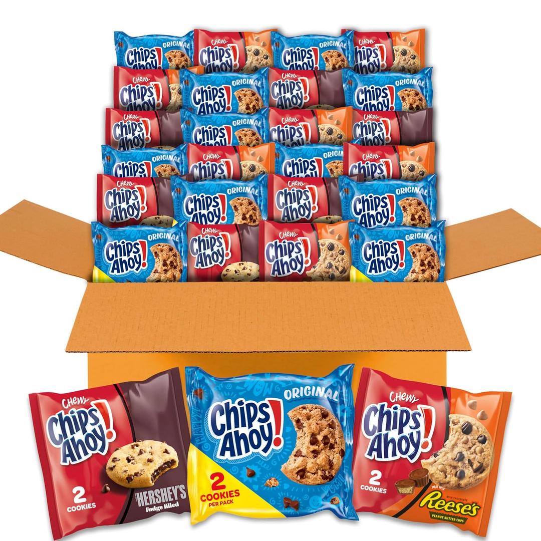 CHIPS AHOY! Cookies Variety Pack, Original Chocolate Chip, Chewy Chocolate Chip with Reese's Peanut Butter Cups & Chewy Hershey's Fudge Filled Soft Cookies, 50 Snack Packs (2 Cookies Per Pack) (EXP 08/27/26)