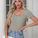 Women's Short Sleeve Tops Casual Scoop Neck Ribbed Knit Slim Fitted Basic Tee Shirts 2025 Summer Trendy Outfits (Large)
