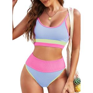 Herseas Womem 2 Piece High Waisted Bikini Sets Color Block Popular Swimsuits 2026 Summer Beach Swim Best Bathing Suits (Blue, L)