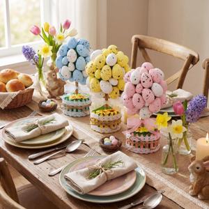 Novabright 6 Pcs Easter Egg Topiary Trees 8.8 Inch Decorative Spring Egg Trees with Picket Fence Pots, Pastel Colorful Easter Tabletop Centerpieces for Tiered Tray, Mantle, Holiday Gift