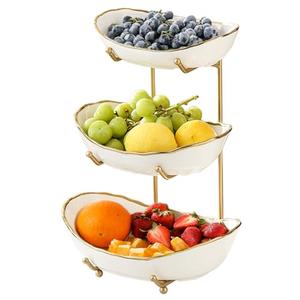HOMKULA Ceramic Fruit Bowl for Kitchen Counter - 3 Tier Fruit Basket with Metal Stand, Tiered Fruit Stand for Countertop, Snack, Nuts, Cake, Dessert, Cute (Gold-Rimmed, Small)