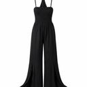 Black Smocked Wide Leg Jumpsuit with Adjustable Straps, Size M