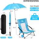 2PCS Folding Beach Chair with Umbrella, Low Profile Portable Sand Chair for Adults, Breathable Mesh Beach Seat with Cup Holder, Heavy Duty Lightweight Camping Chair, Ocean Blue with Light Blue