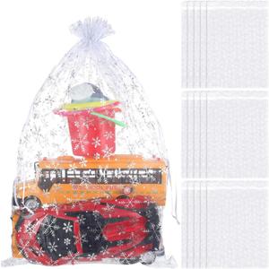 Sweetude 30 Pcs 16 x 24 Inches Extra Large Snowflake Organza Bags Christmas Mesh Gift Drawstring Bags Jewelry Pouches for Xmas Party Wedding Candy Goodie Sample Favor