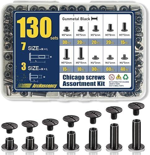 ArcNascency 130 Sets Gunmetal Black Chicago Screws Leather Rivets Kit, 7 Sizes (M5*4,5,6,8,10,12,15) & 3 Screw Lengths (M4*3,4,5) for Belts, Bookbinding, DIY Leather