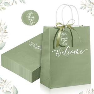 Queekay 28 Pcs Large Welcome Paper Gift Bags with Handle 10.6 x 8.3 x 4 Inches with 28 Tags Wedding Church Party Favor Bridal Gift Bags for Guest Birthday Baby Shower(Classic,Sage Green)