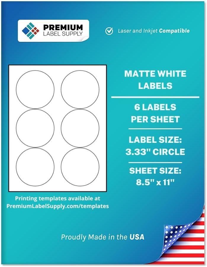 Premium Label Supply White Sticker Round Labels 3.33" Circle Laser/Inkjet Compatible (6 Per Sheet), 25 Sheets 150 Total Adhesive Labels