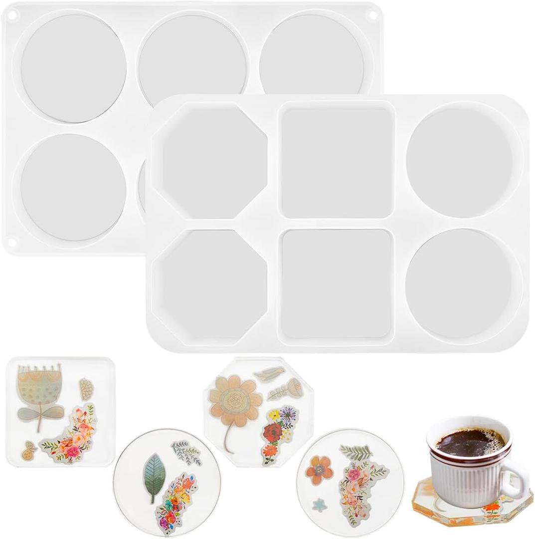 2 Packs 6 Cavity Large Silicone Molds, Round and Square, Polygon Resin Molds, DIY Crafts, Durable, Heat-Resistant Silicone Molds