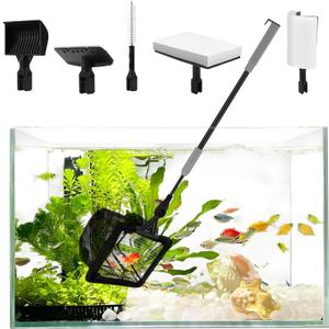 Upgraded Fish Tank Cleaner Kit Aquarium Cleaning Tools Algae Remover Scraper Scrubber Pad Adjustable Long Handle Glass Fish Tank Brush Cleaner Set with 6PCS Replacement Sponge