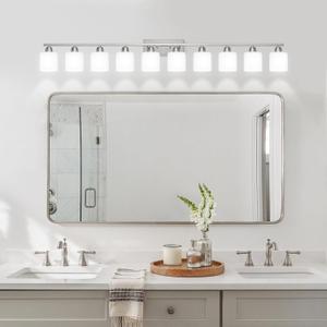 Brushed Nickel Bathroom Vanity Light for Giant Mirror, 10 Light Brushed Nickel Vanity Lights, 65 inch Wall Lamps for Bedroom for Mirrors with Milky White Frosted Glass Shades, E26